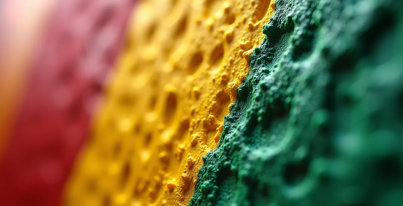 Analyse macro de matériaux de construction avec zones colorées indiquant les niveaux de risque amiante