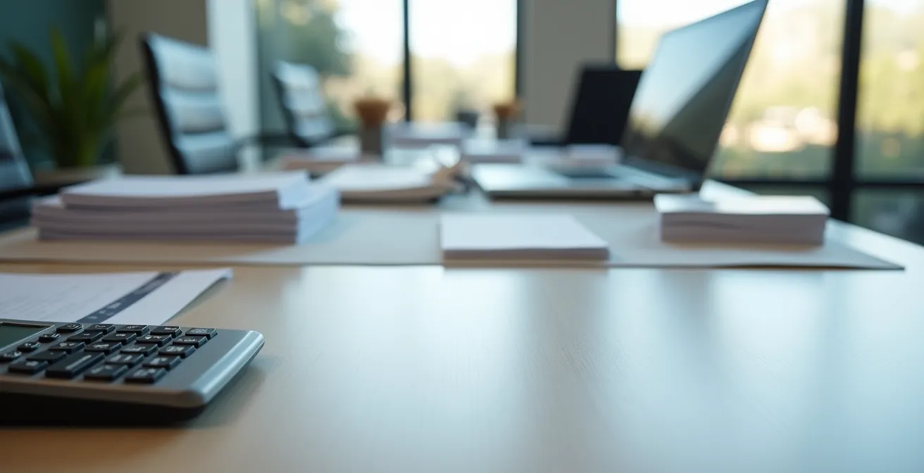 Bureau d'expert immobilier avec documents de location et outils d'analyse