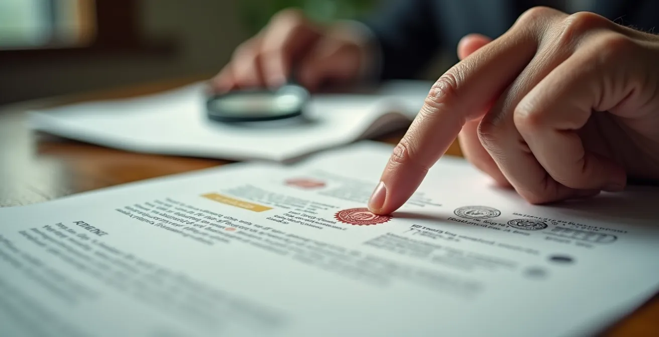 Gros plan sur des mains examinant des documents officiels avec tampon et sceau