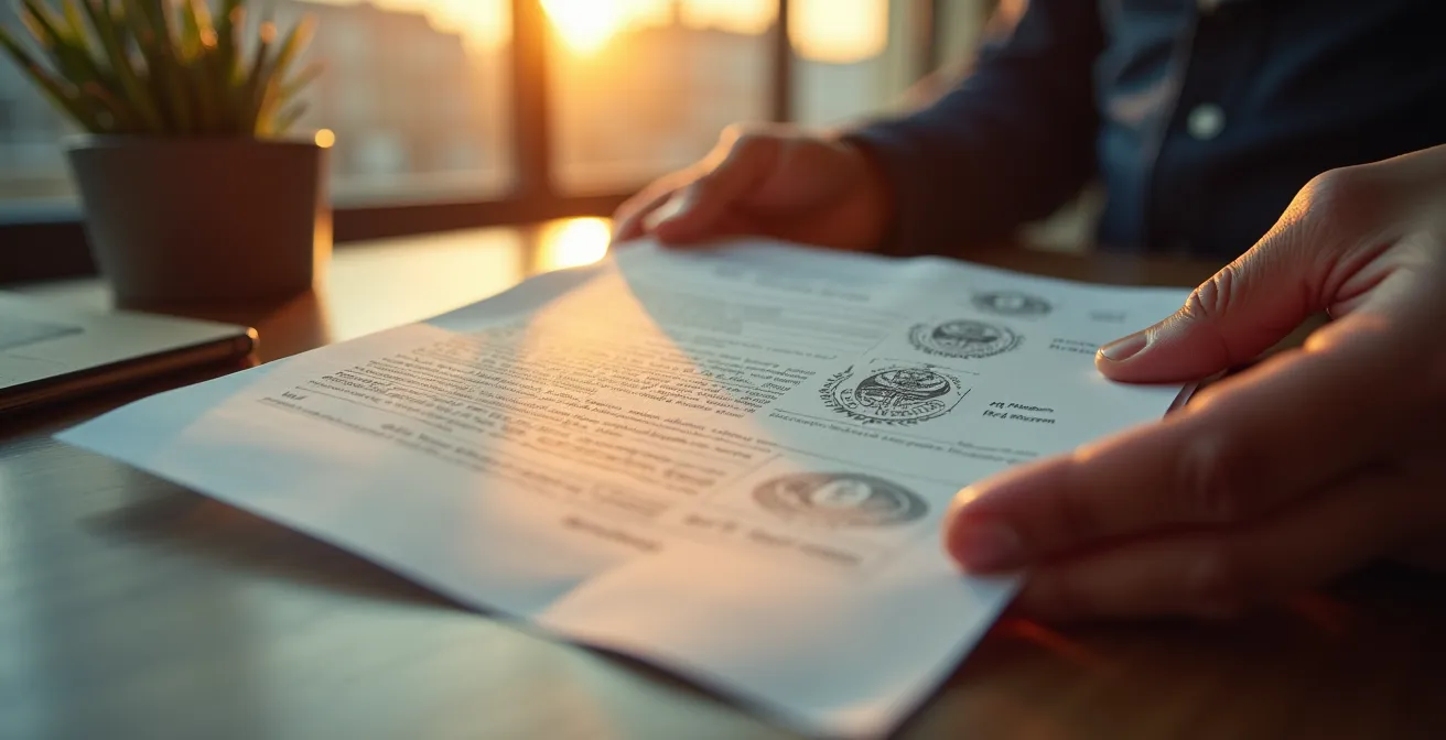 Mains expertes analysant une attestation de garantie bancaire avec tampon officiel visible en arrière-plan