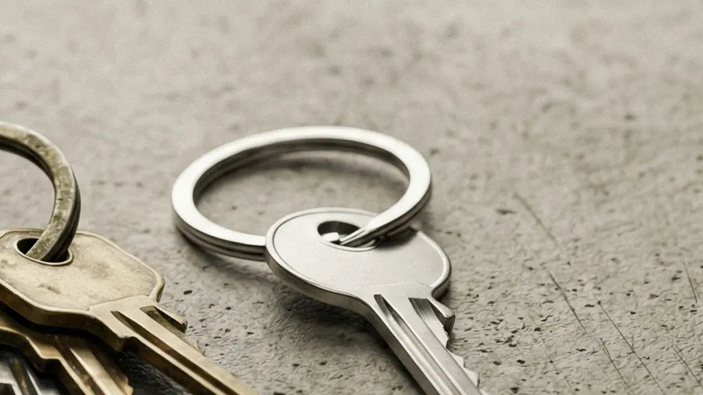 Gros plan de deux jeux de clés métalliques sur une surface minérale, symbolisant le choix entre acheter et louer des bureaux.