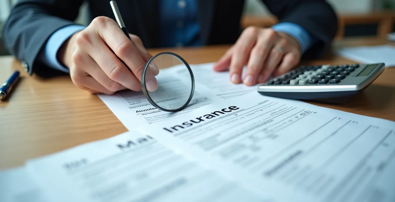 Gros plan sur les mains d'un professionnel vérifiant des documents d'assurance sur un bureau avec calculatrice et loupe
