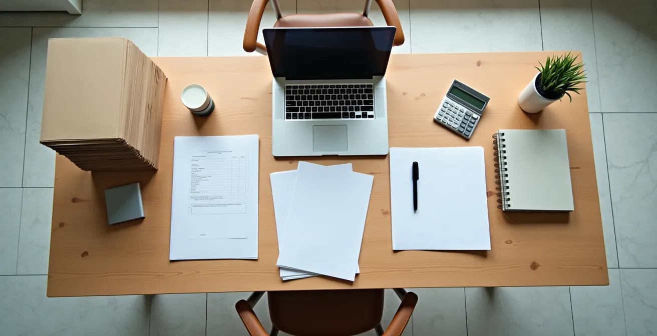 Vue en plongée d'un bureau organisé avec documents de gestion locative et ordinateur portable