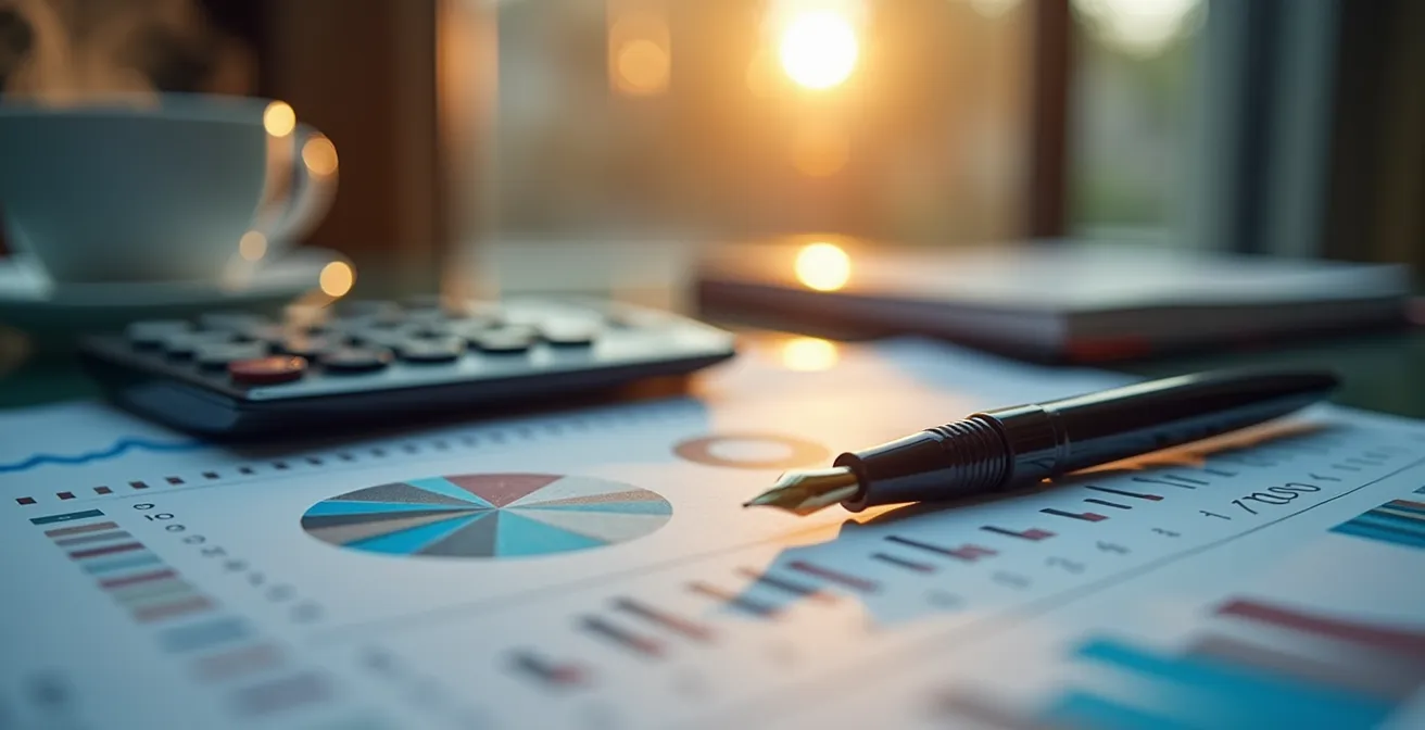 Bureau moderne avec calculatrice, documents fiscaux et graphiques de rentabilité