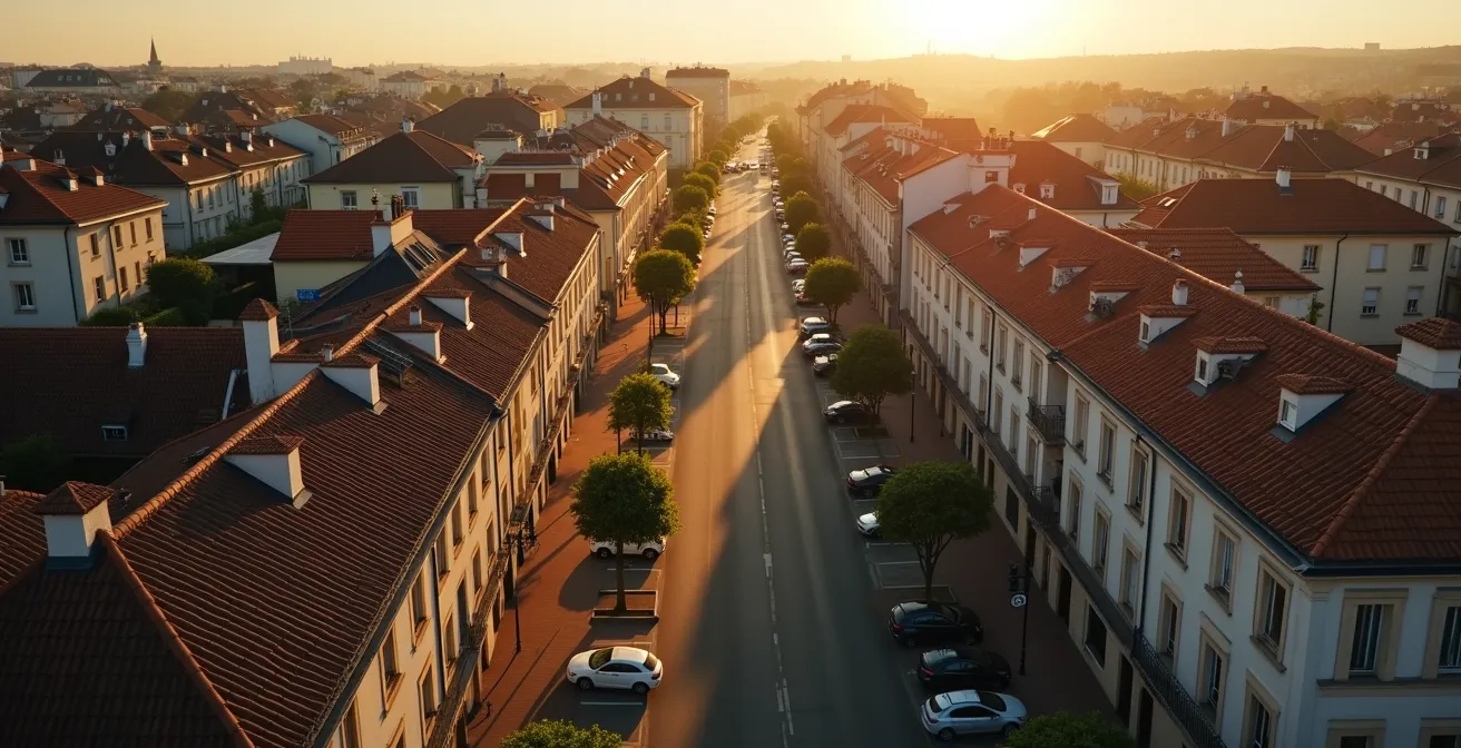 Vue aérienne d'un quartier résidentiel français avec architecture traditionnelle