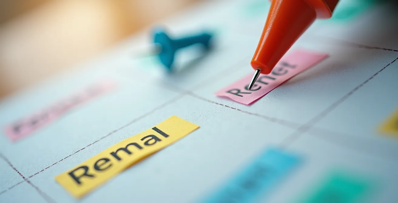 Vue macro d'un calendrier avec marqueurs colorés indiquant les dates de relance pour les loyers