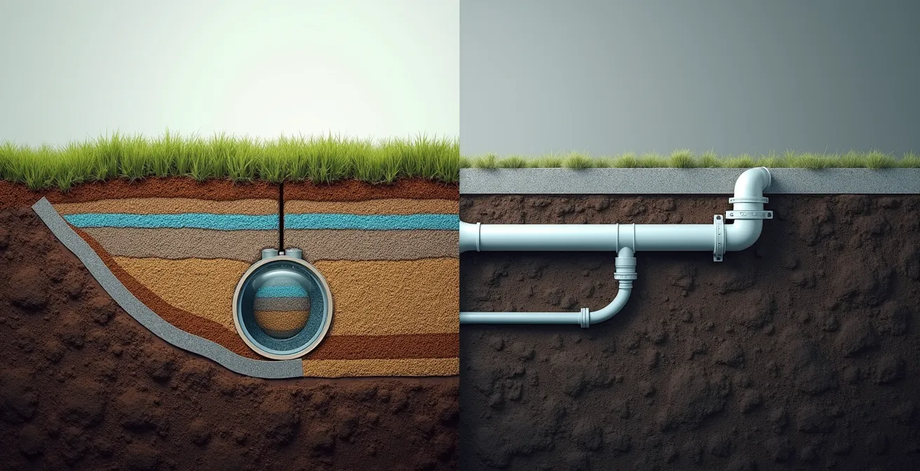 Vue en coupe technique montrant l'installation d'une fosse septique et d'un raccordement au tout-à-l'égout