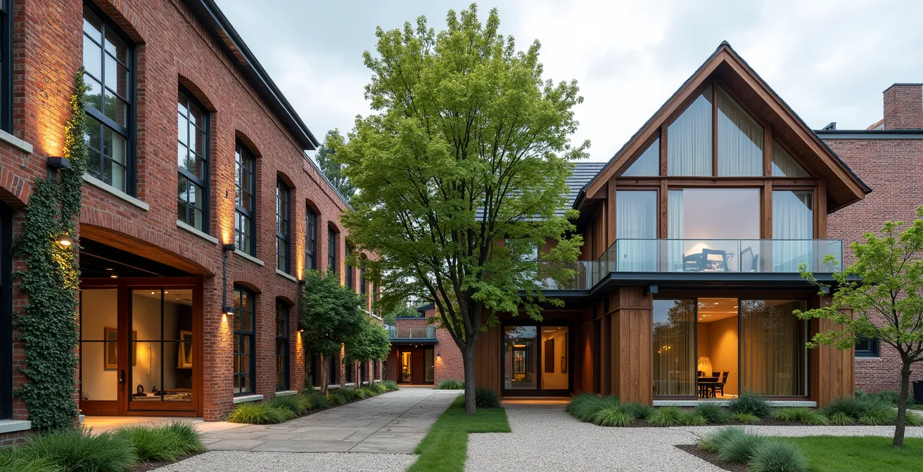 Comparaison côte à côte d'un bâtiment industriel réhabilité avec une façade en briques et d'une construction neuve moderne en verre et bois.