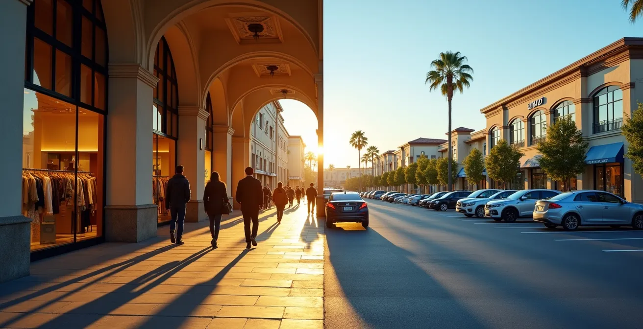 Composition split-screen montrant le contraste entre une rue piétonne animée et un parking de zone commerciale
