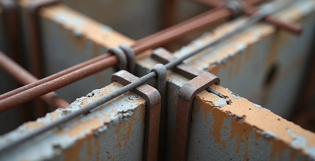 Vue rapprochée du ferraillage d'un chaînage horizontal avant coulage du béton