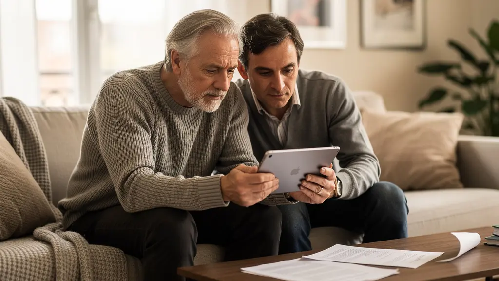 Couple propriétaire immobilier discutant de leur épargne retraite PER et assurance vie dans leur salon