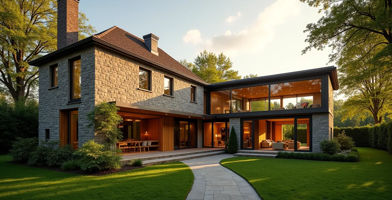Extension moderne en bois et verre d'une maison traditionnelle, vue grand angle montrant l'harmonie architecturale