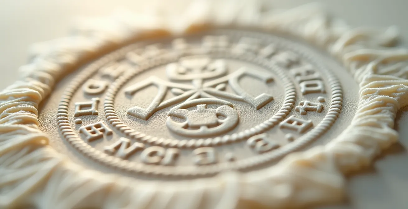 Vue macro d'un tampon officiel sur document avec texture du papier visible