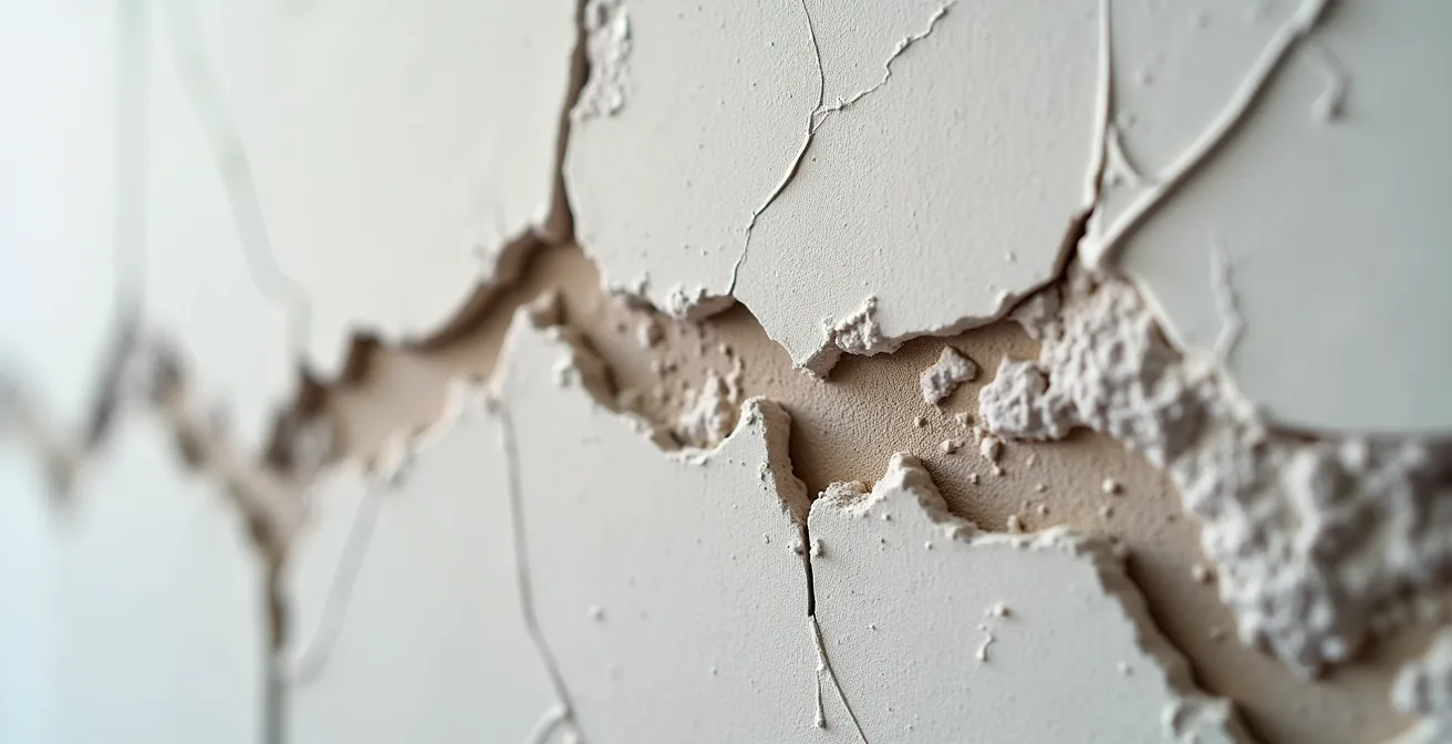 Gros plan sur un mur avec témoin en plâtre posé sur une fissure pour mesurer son évolution