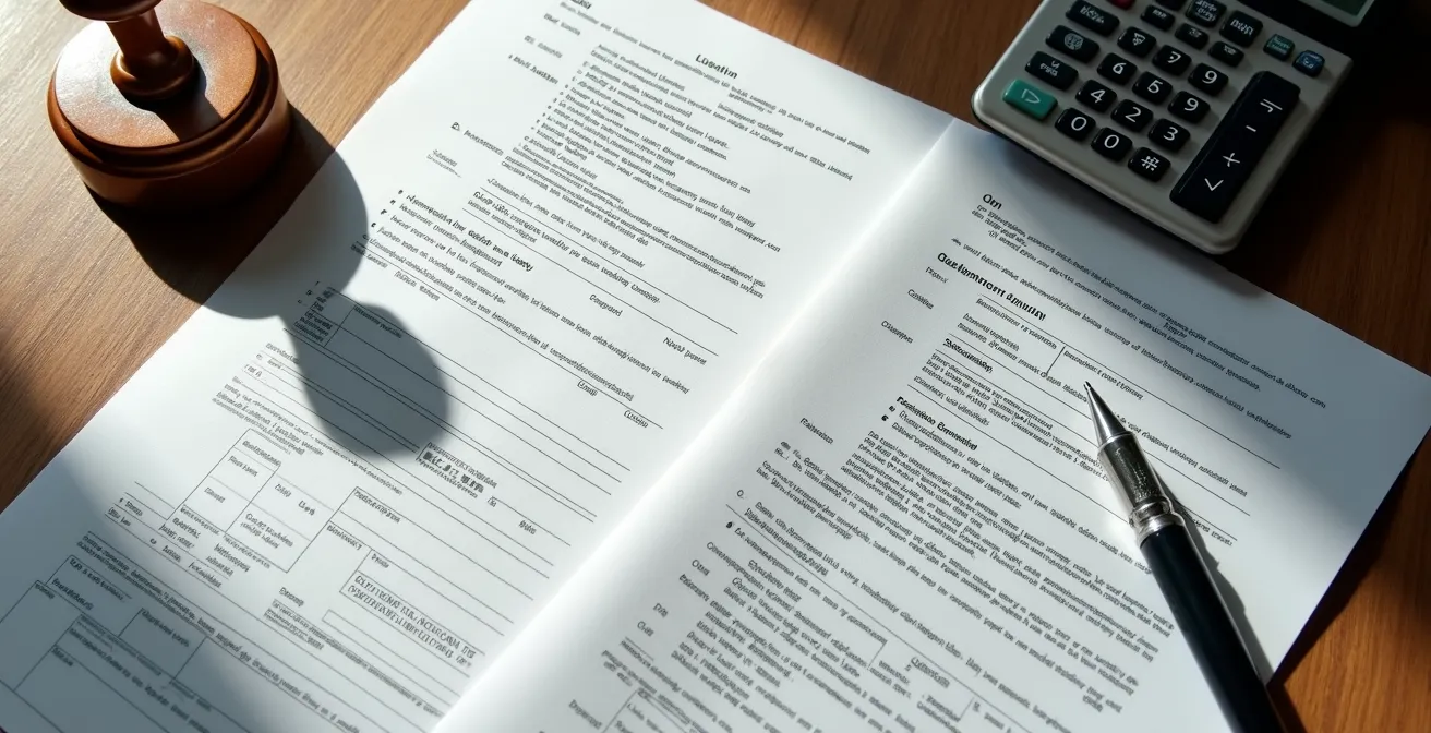Vue d'ensemble d'un bureau avec documents administratifs, tampon officiel et calculatrice disposés de manière organisée