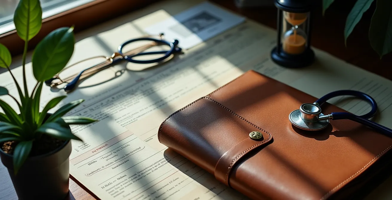 Documents médicaux organisés sur un bureau avec un stéthoscope et des lunettes, symbolisant la préparation stratégique du dossier médical pour la convention AERAS.