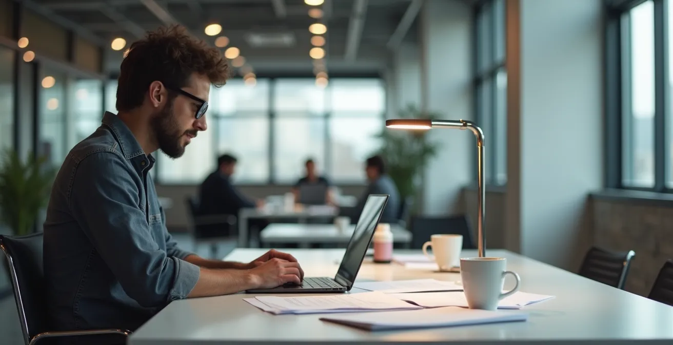 Entrepreneur analysant des documents de bail dans un espace de coworking moderne