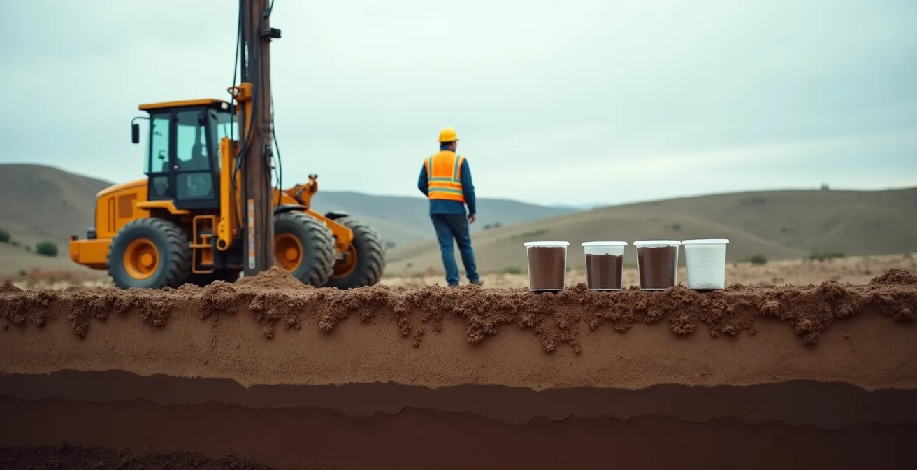 Géotechnicien effectuant un forage d'analyse de sol sur un terrain avec équipement spécialisé