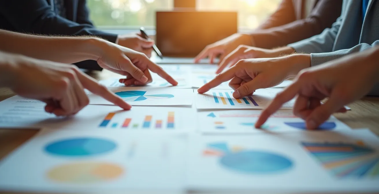 Table de travail avec des mains analysant des graphiques comparatifs pour évaluer des syndics de copropriété.