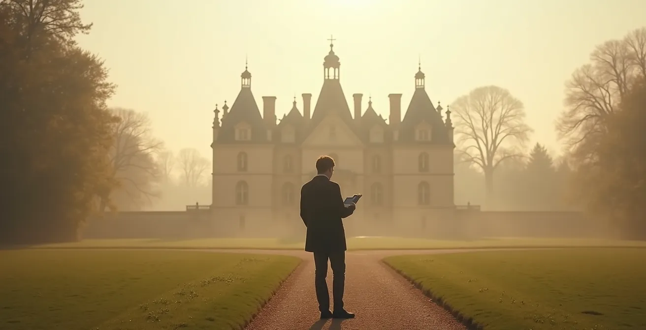Expert immobilier évaluant un château historique avec outils d'analyse