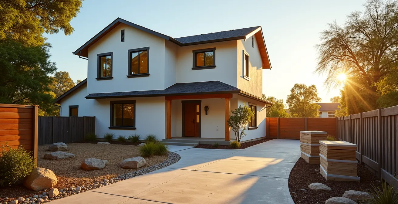 Vue large d'une maison en cours de finition avec jardin et aménagements extérieurs