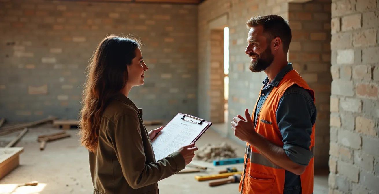 Discussion professionnelle entre propriétaire et artisan sur un chantier de rénovation