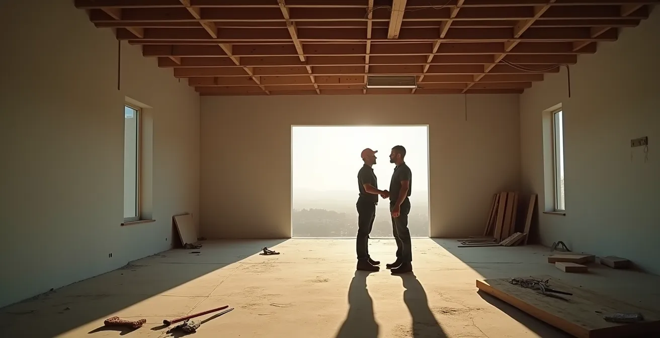 Poignée de main entre propriétaire et artisan sur un chantier de réparation