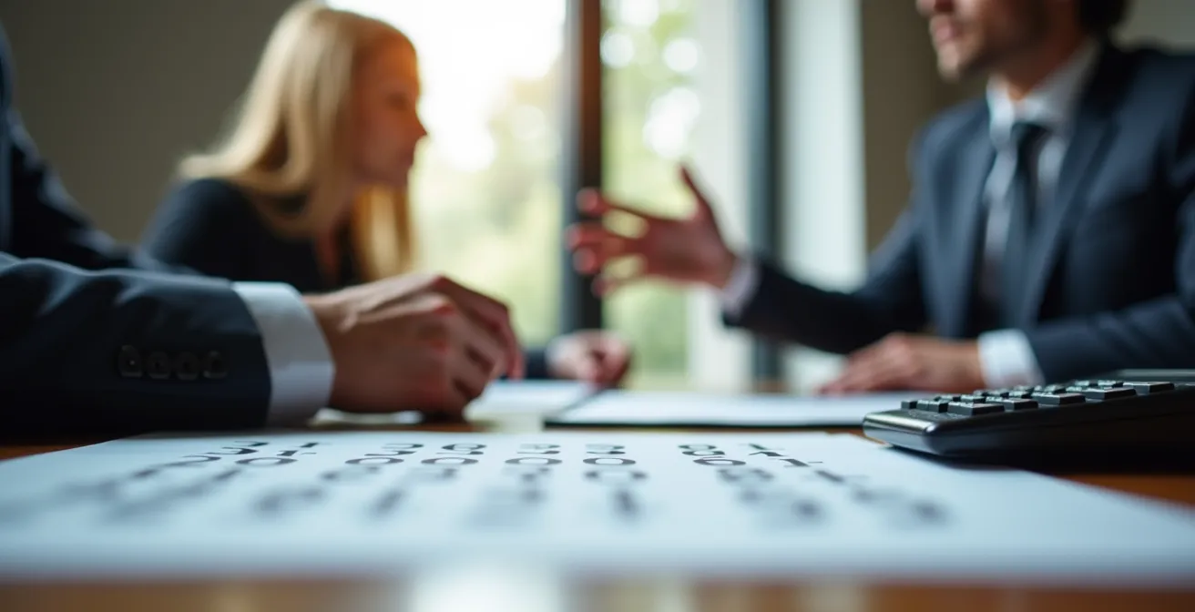 Négociation entre acheteur et promoteur autour d'un contrat avec calculatrice visible