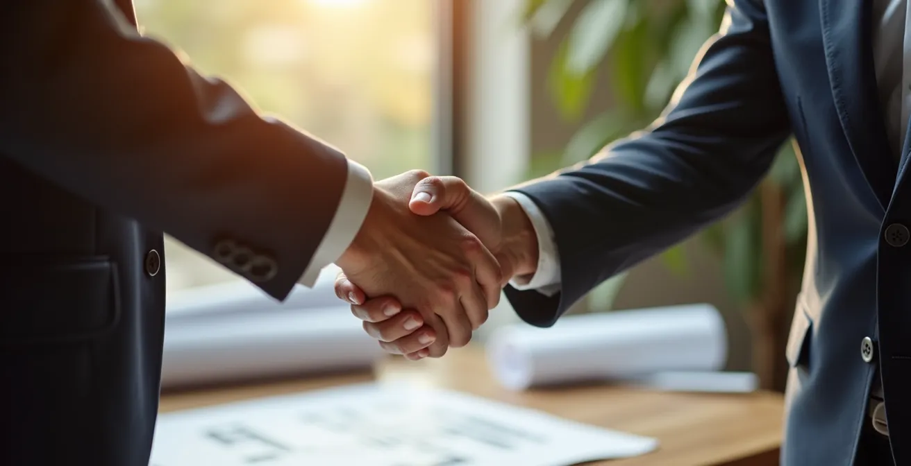 Poignée de main professionnelle entre deux personnes avec plans de division parcellaire floutés en arrière-plan