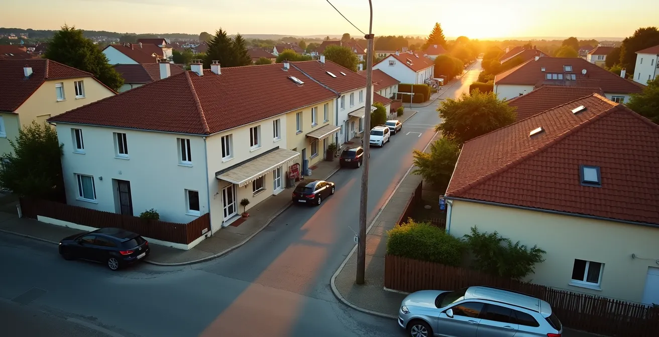 Vue aérienne d'un quartier résidentiel français montrant l'activité à différents moments