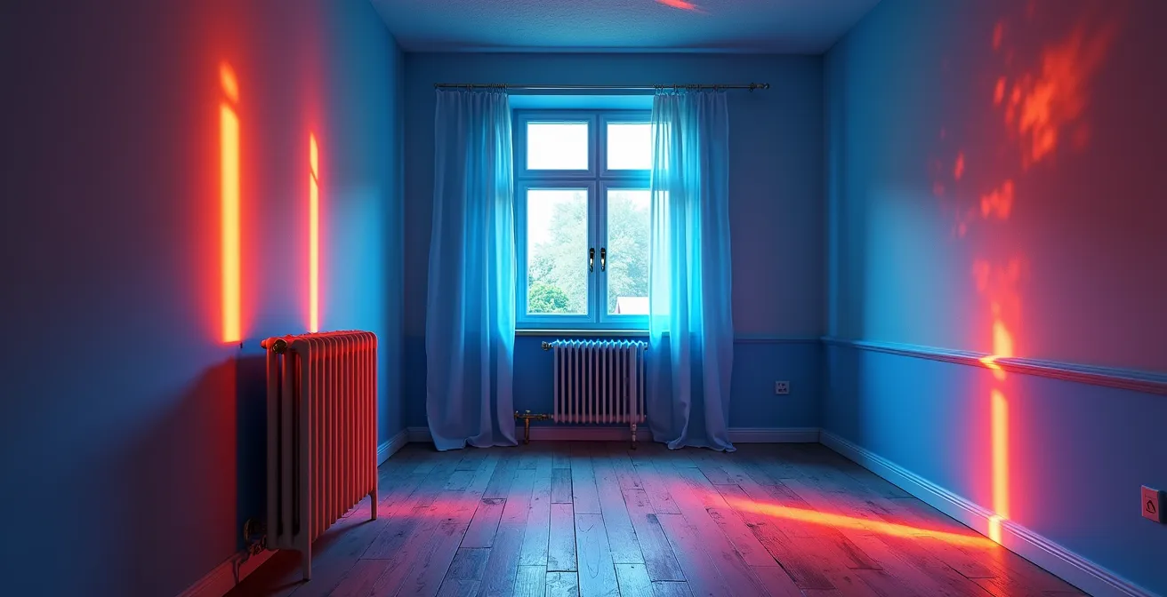 Vue large d'un intérieur de maison avec zones de chaleur colorées montrant les déperditions énergétiques