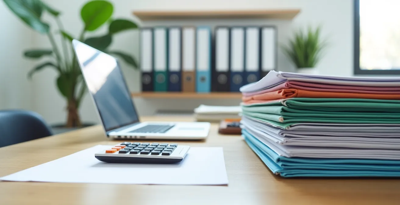 Bureau organisé avec classeurs de justificatifs et tableur de suivi pour déclaration fiscale immobilière