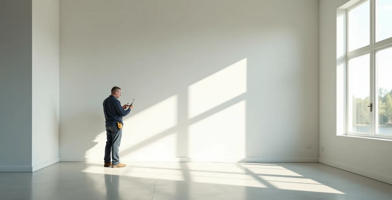Expert vérifiant les finitions lors de la réception d'une maison neuve