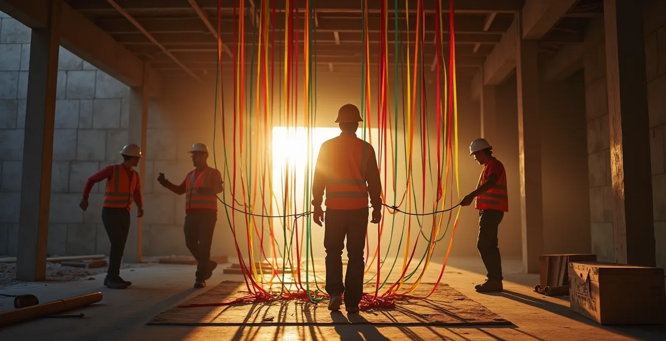 Maître d'œuvre coordonnant une réunion avec plusieurs artisans sur un chantier