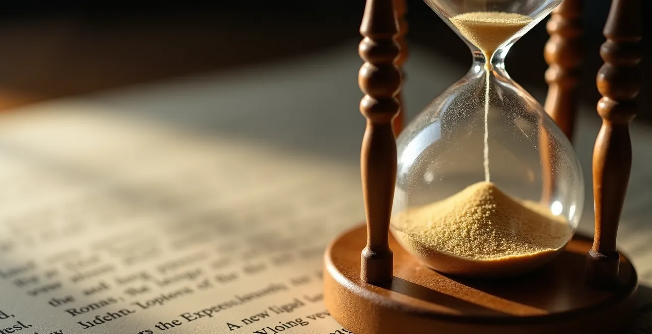 Sablier géant symbolisant l'écoulement du délai de prescription avec documents juridiques