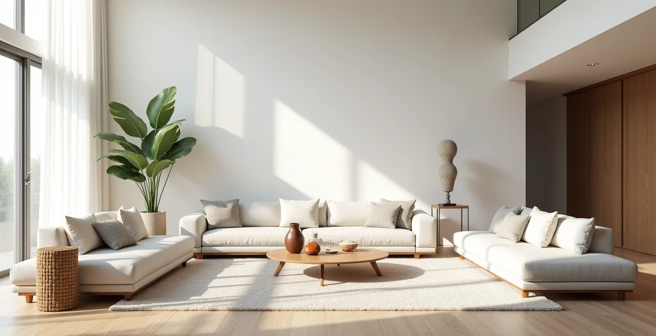 Salon spacieux et épuré après home staging avec mobilier contemporain et lumière naturelle