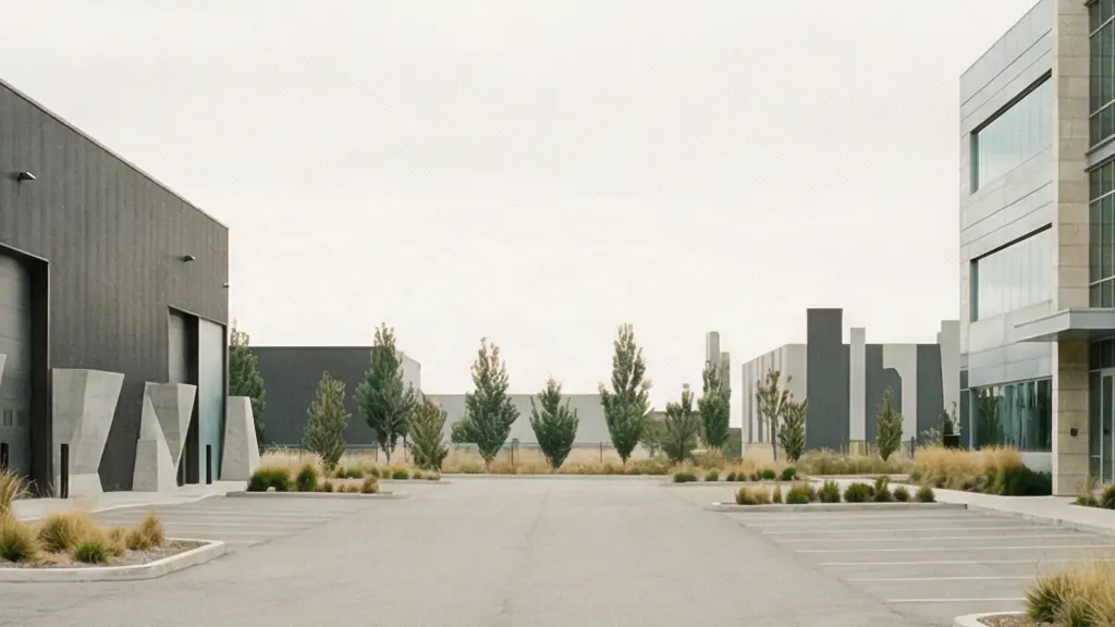 Vue large de deux bâtiments distincts séparés par un espace vide, symbolisant la séparation entre immobilier et activité d’exploitation.