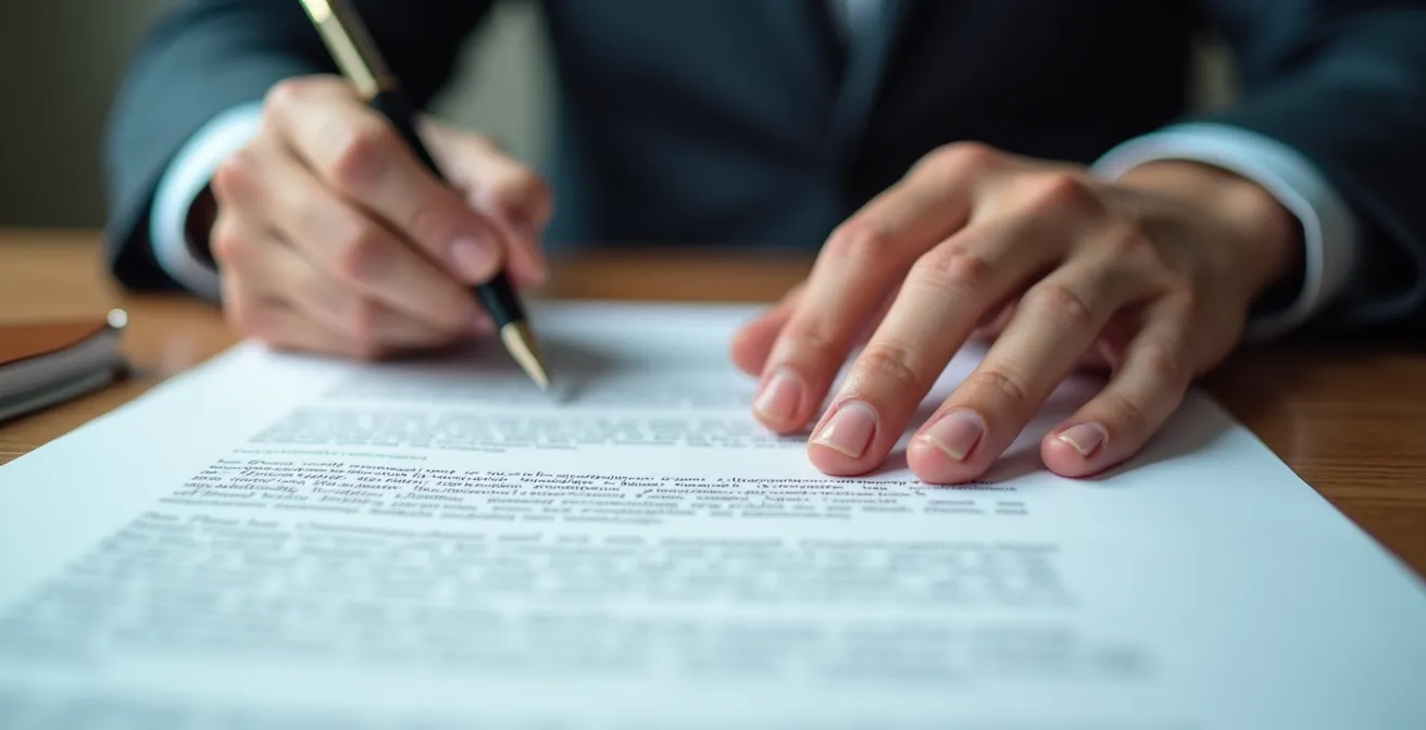 Mains signant un bail commercial sur un bureau avec documents juridiques en arrière-plan