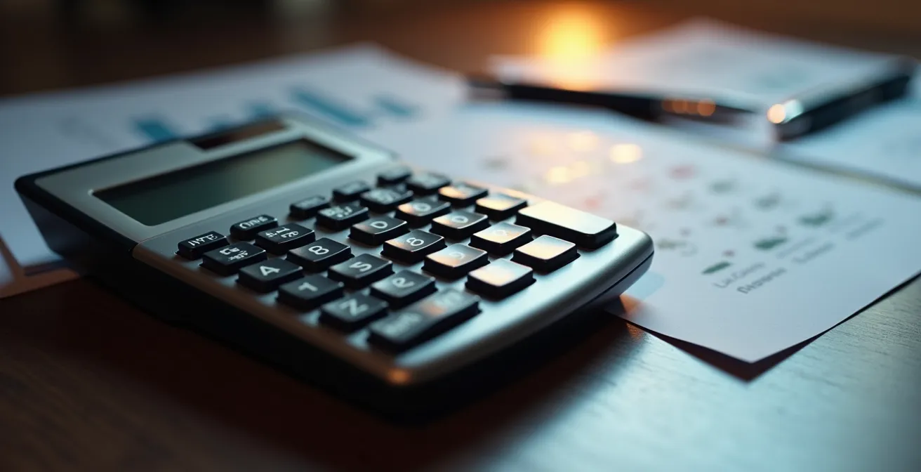 Calculatrice professionnelle sur bureau avec documents financiers floutés en arrière-plan