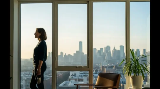 Personne de 40 ans regardant une ville au lever du jour depuis un intérieur lumineux, tenant des clés de manière discrète, avec un espace vide pour un titre.