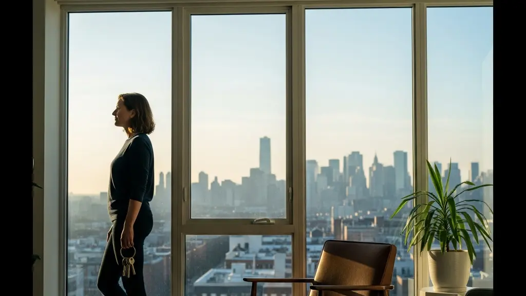 Personne de 40 ans regardant une ville au lever du jour depuis un intérieur lumineux, tenant des clés de manière discrète, avec un espace vide pour un titre.