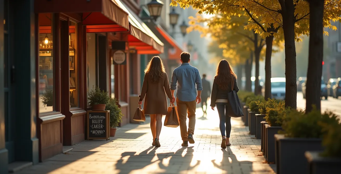 Vue en plongée d'une rue commerçante animée montrant la circulation naturelle des clients entre différentes boutiques