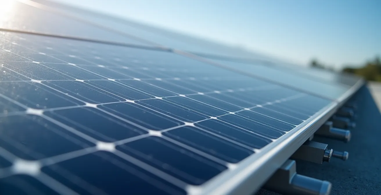 Vue détaillée de panneaux photovoltaïques sur toiture d'entrepôt avec système de fixation