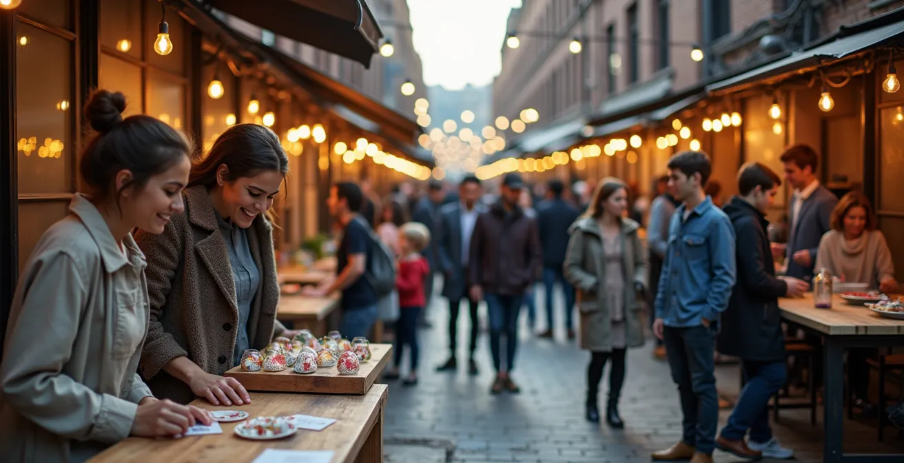 Un espace de friche industrielle animé par un marché de créateurs en soirée, avec des familles et des jeunes professionnels.