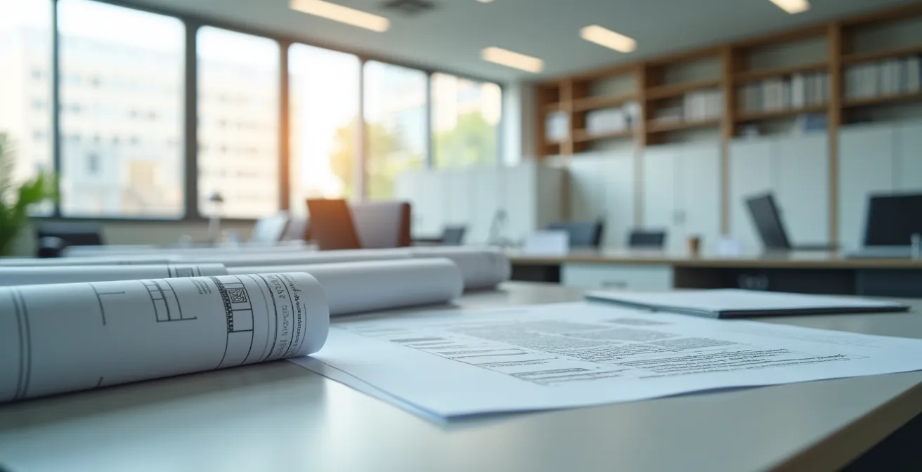 Vue d'un bureau de service urbanisme avec plans et dossiers de permis