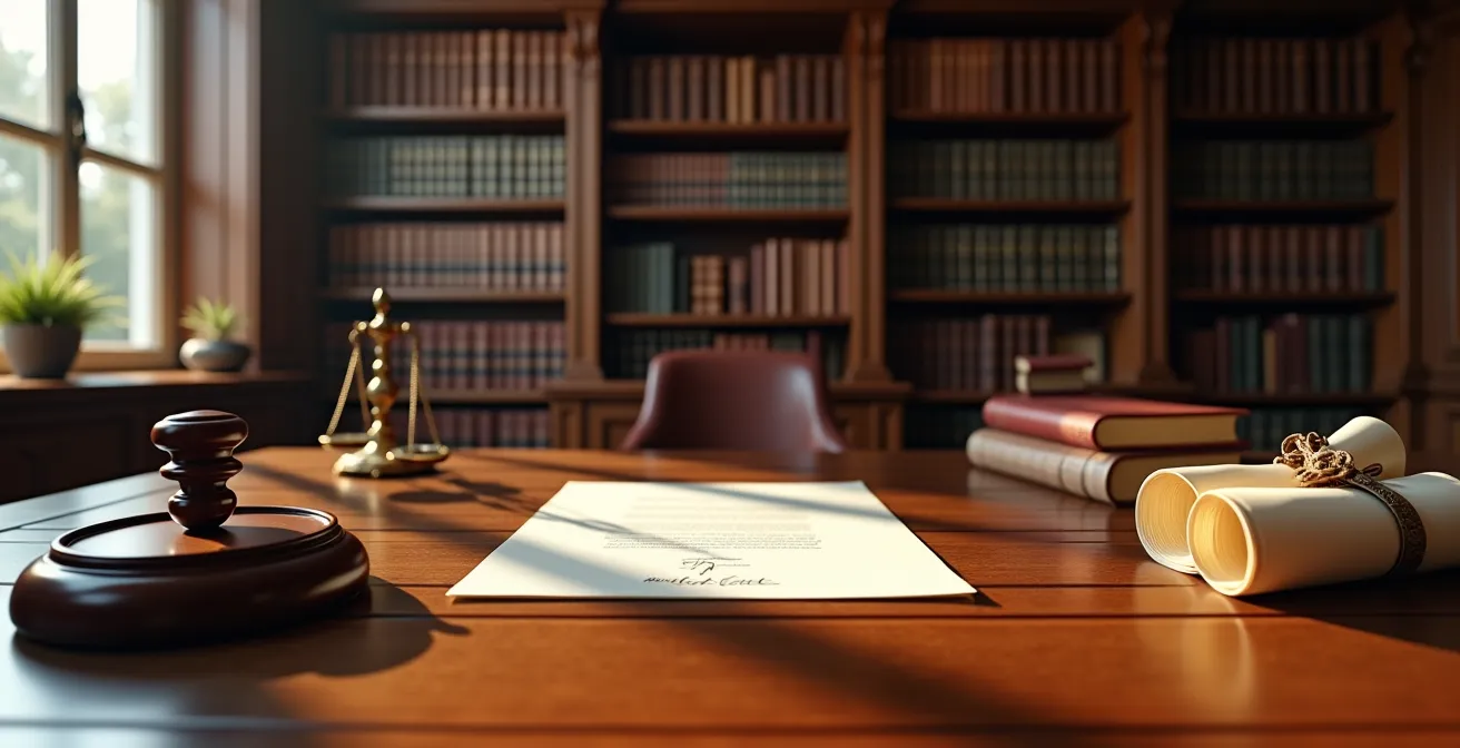 Bureau de notaire avec documents et stylo plume vus en perspective large