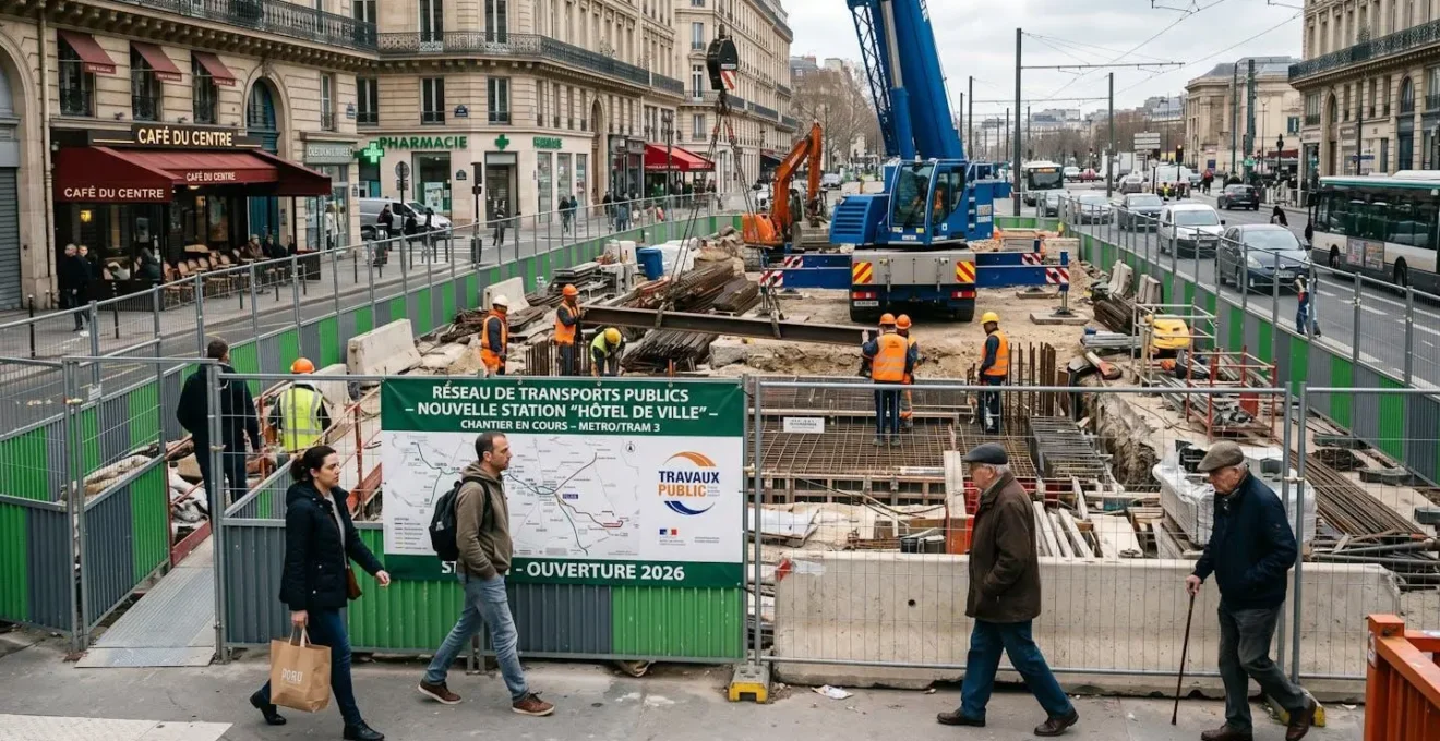 Chantier de construction d'une station de métro dans un quartier urbain