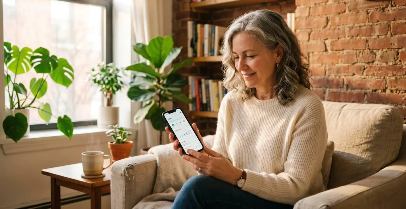 Copropriétaire consultant son application de gestion de syndic sur smartphone depuis son appartement toulousain