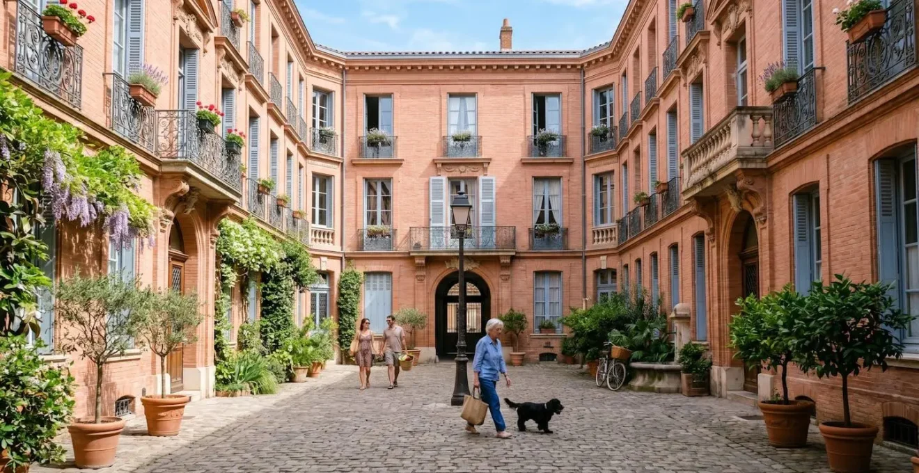 Vue d'une façade d'immeuble toulousain ensoleillée, représentant une copropriété bien gérée