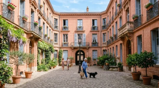 Vue d'une façade d'immeuble toulousain ensoleillée, représentant une copropriété bien gérée